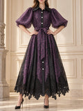 Spotted Print Shirt Maxi Dress for Women Puff Sleeve Point Collar Self Tie Sash Waistband Lace Hem Patchwork Mesh Overlay