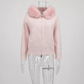 Women Hooded Knit Cardigan Sweater Coat Fluffy Faux Fur Collar Two Way Zip Solid  Loose Casual Jacket 2026 Autumn Winter