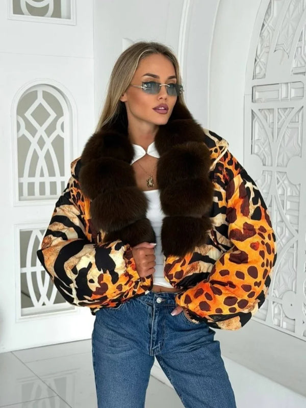 Zebra Print  Fur Collar Puffer Jacket Womens Button Down Trendy Warm Coat Fall Winter Party Club Streetwear Cozy Daily Outerwear