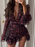 Elegant Flora Painted Ruffle Mini Dress Women Chic Full Sleeve Deep V-neck Slim A-line Short Robe 2026 Lady Vacation Street Gown