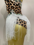 Women Sexy Sparkly Rhinestones Leopard Print Tassel Bodysuit 2026 New Evening Party Birthday Nightclub Performance Stage Costume