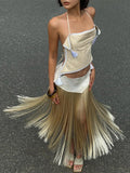 Sexy Tassel 2 Piece Set Women Irregular Halter Backless Bandages Tank Top+Patchwork Skirt New Trend Party Streetwear
