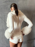 Patchwork Plush Bodysuits Women Deep V-Neck Sexy Autumn Winner Style Skinny Fashion Elasticity Midnight Streetwear