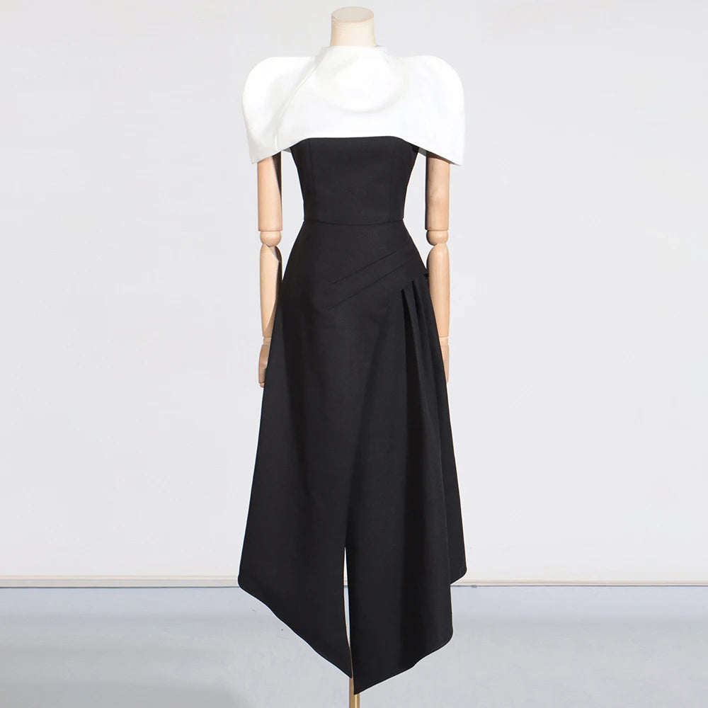Hit Color Spliced Shawl Elegant Long Dress Women Square Collar Sleeveless High Waist Evening Dresses Female New Autumn 2024