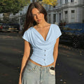 Women Summer Top Fashion Button-Front Patchwork V-Neck Pleated Fitted Top New Casual High-Street Party Female T-Shirts