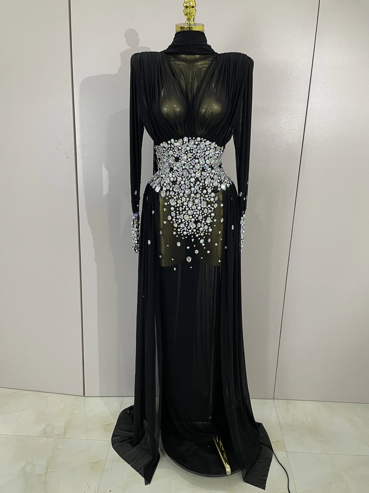 Luxury Elegant Birthday Party Prom Sparkly Diamonds Long Sleeves Mesh See-Through Maxi Abaya Women Evening Wedding Guest Gowns