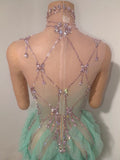 Sexy Sleeveless Mesh Ruffled See Through Long Dress Sparkly Rhinestone Eveing Birthday Party Nightclub Bar Singer Stage Costume