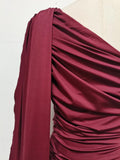 Luxurious Blue Diagonal Collar Sheer Mesh Maxi Dress for Women Off One Shoulder Cape Sleeves Ruched Waist for Dinner Party