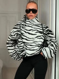 Chic Retro Zebra Print Cropped Jacket Trendy Oblique Placket Stand Collar Loose Fit Coat Lady Daily Street Party Outerwear