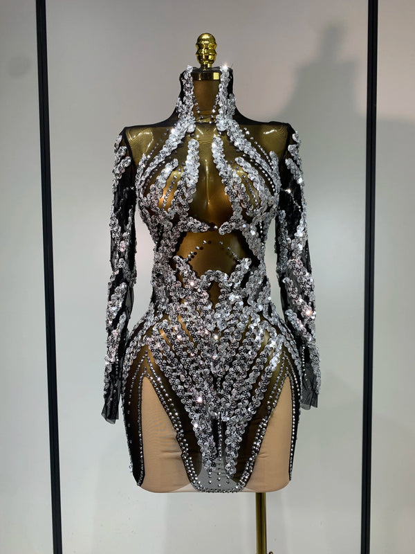 Newest Luxury Sparkly Diamond Mesh Mini Dress Women Celebrate Evening Party Birthday Fancy Club Nightclub Sexy Stage Outfit