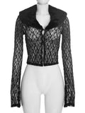 Patchwork Fur Collar Lace t-Shirt Women See Through Single-Breasted Full Sleeve v-Neck Skinny Sexy Midnight Crop Tops