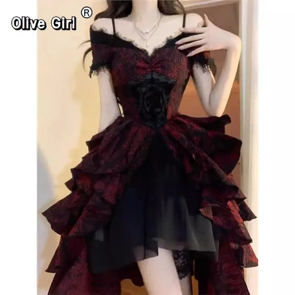 Olive Girl Red Embroidered Lolita Dress for Ren Faire 2026 Fairycore Photoshoot Everyday Wear S-XL XS-3XL Plus Size Hand Embroidered Dramatic Silhouette Romantic Editorial Not Costume Lolita Dress Chinese Heritage Fashion Women