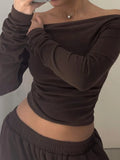 Solid Two Piece Set for Women Slash Neck Irregular Hem Long Sleeve Top High Waist Straight Pant Casual Suit Female