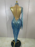 Sparkly Diamond Blue Rhinestone Mesh One Shoulder Tassel Dress Sexy Eveing Party Bar Nightclub Stage Costume Latin Dance Outfits
