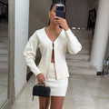 V Neck Women Knit Two Piece Set Single Button Knit Cardigan High Waist Bodycon Mini Skirt Slim Figure Flattering Fit Fashion