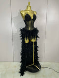 Sparkly Rhinestones Feathers Long Tail Bodysuits Sexy Mesh Transparent Stage Dress Evening Party Celebrate Luxury Birthday Dress