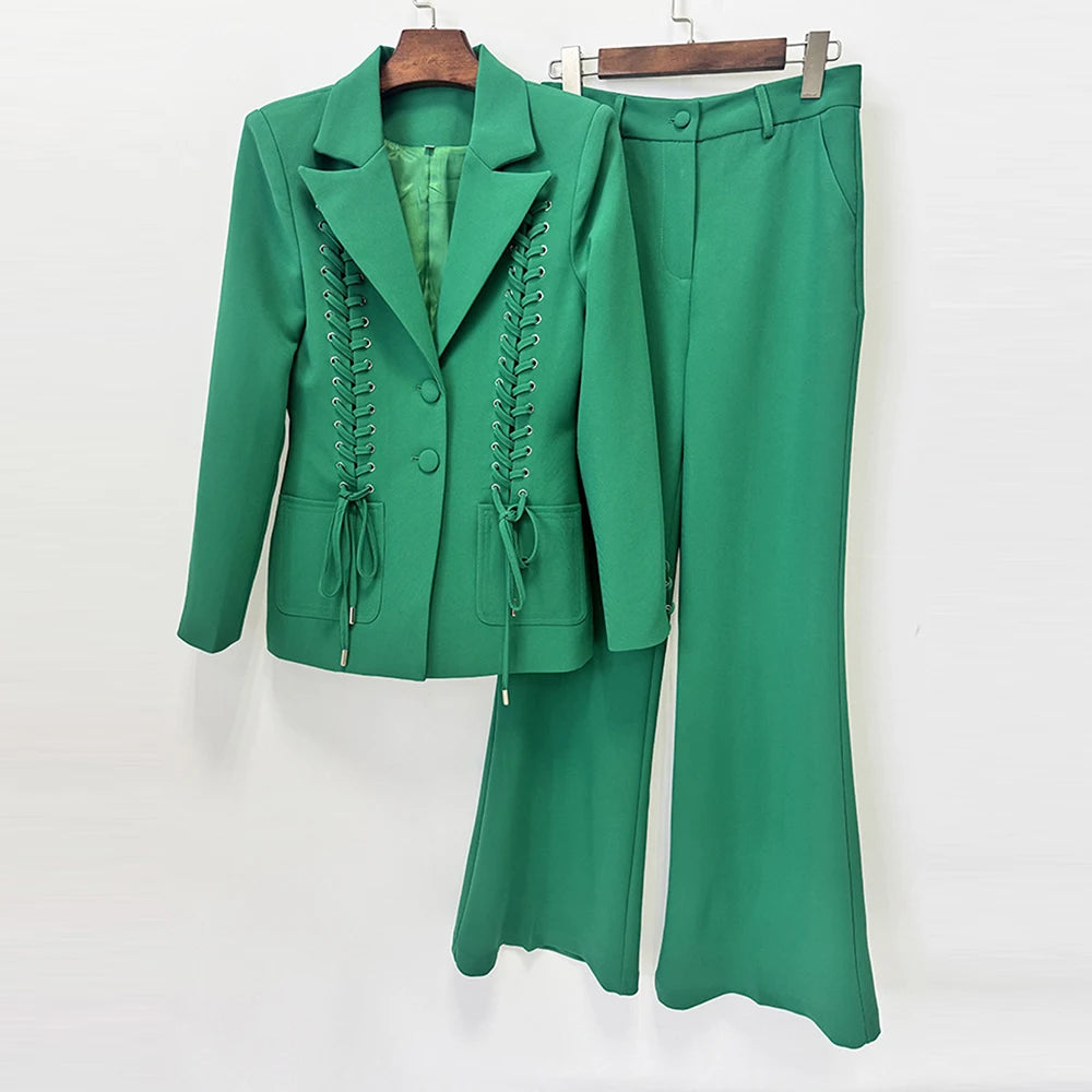 Women’S Designer 2-Piece Set Single Breasted Lace Up Decoration Blazer High Waist Wide Leg Pants Formal Party Suit Outfit
