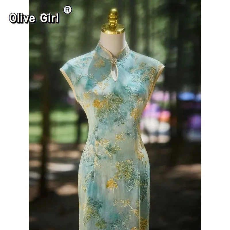 Olive Girl Romantic Qipao for Garden Wedding 2026 Fairycore Photoshoot Everyday Wear S-XXL XS-3XL Plus Size Romantic Garden Party Editorial Not Costume Qipao Cheongsam Chinese Dress Chinese Heritage Fashion Women