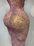 Women Sexy Backless Pink Diamond Mesh See Through Long Dress Evening Club Party Celebrity Elegant Stage Performance Costume