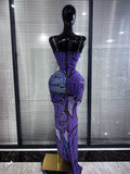 Purple Shining Rhinestones Women Sexy Strapless Mesh See Through Bodycon Long Maxi Dress Celebrate Nightclub Party Birthday Wear
