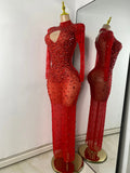 Sparkly Rhinestone Women Sexy Mesh See Through Floor Length Long Sleeve Birthday Dress Party Nightclub Stage Wear