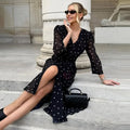 Sexy V-neck Polka Dot Long Dress Women Middle Sleeve Waist-cinching Slit Maxi Dresses Female Summer Chic Evening Party Dresses