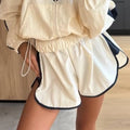 Color Block Zip Up Two Piece Set Women Long Sleeve Stand Collar Cropped Jacket High Waist Shorts 2026 Spring Summer Casual Suit