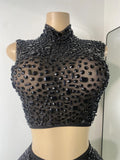 Sexy Sleeveless Crop Top Skirt Women's Sets Sparkly Luxury Diamonds See Through Mesh Stage Outfit Performance Singer Costume