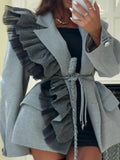 Chic Ruffles Women Jackets Lapel Collar Long Sleeve Elegant Fit Jacket for Commute Gathering Wear Fashion Autumn