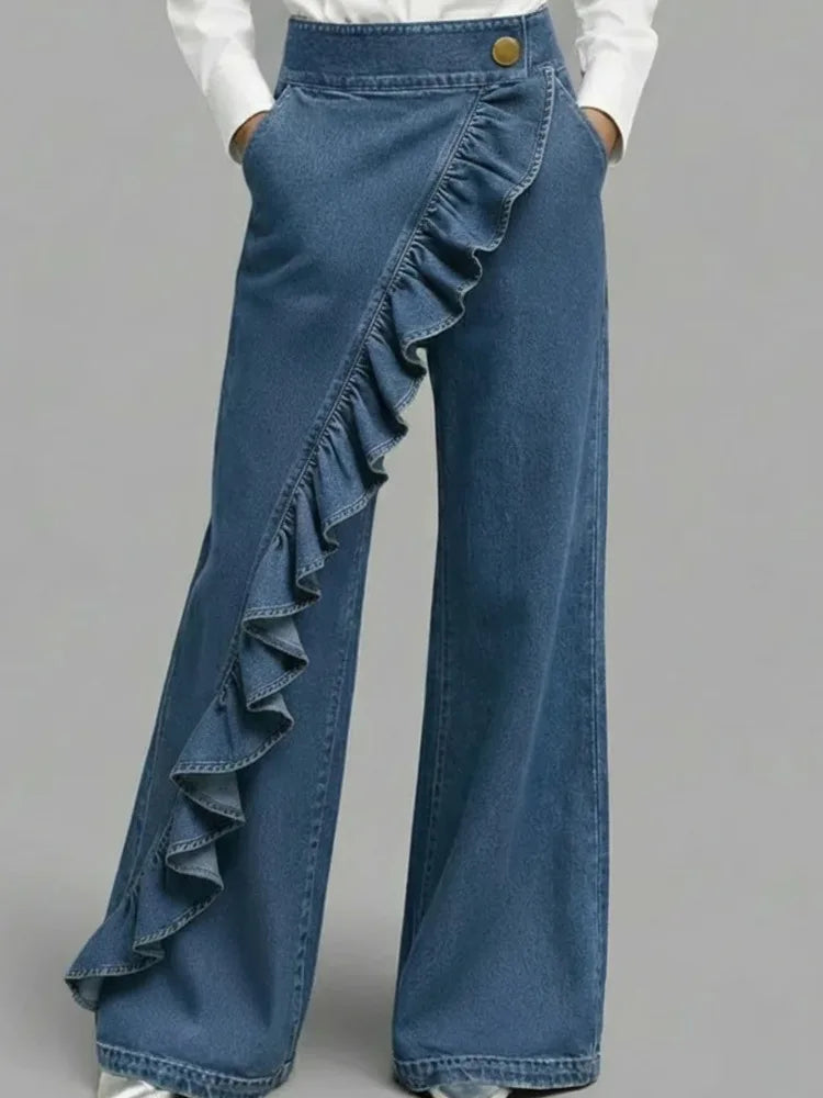 American Style Loose Irregular Splicing High Waisted A-line Wide Leg Jeans For Women Autumn