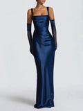 Sexy Satin Evening Long Dresses for Women Square Collar Sleeveless High Waist Folds Slimming Bodycon Dress Female