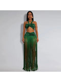 Women's Beach Style 2 Piece Set Sexy Strappy Top+Fringe Maxi Skirt Matching Set Summer Outfits Vacation Party Clubwear
