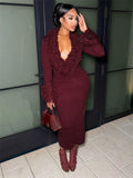 Knit Furry Patchwork Dress Women Deep V-Neck Sexy Elegant Christmas Party Winter Trend Stretch Skinny Maxi Bodycon