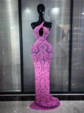 Pink Color Women Sexy Halter Backless Mesh See Through Bodycon Floor-length Mermaid Dress Birthday Party Cocktail Outfit
