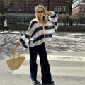 Fashion Striped Sweater Cardigan With Scarf Female Loose Thin Hollow Knitted Top Lantern Sleeve Contrast Color Retro Top