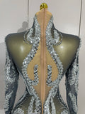 Sparkly Rhinestones Sexy Mesh Transparent Mini Dress Eveing Birthday Party Dance Nightclub Fashion Show Stage Costumes