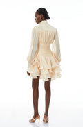 Cream Victorian-inspired Short Dress Women Chic Puff Sleeve Ruched Tiered Waist Cinching Party Dresses 2026 Lady Trendy Vestidos
