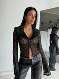 Patchwork Fur Collar Lace t-Shirt Women See Through Single-Breasted Full Sleeve v-Neck Skinny Sexy Midnight Crop Tops