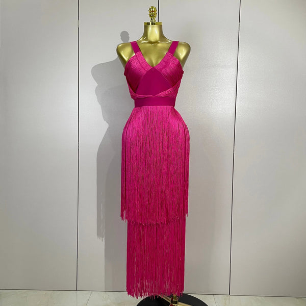 Sexy V-Neck Sleeveless Tassel Bodycon Bandage Dress Women Celebrity Elegant Nightclub Evening Party Birthday Wedding Guest Dress