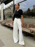 Solid Minimalist Spliced Pockets Pant for Women High Waist Loose Casual Pant Female Fashion Style