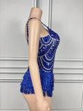 Sparkly Silver Rhinestones Pearl Tassels Bodysuit 2025 New Women Sexy Eveing Birthday Party Nightclub Stage Performance Costume