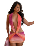 Colorful Gradient Print Dress Women Backless Sleeveless Halter Deep v-Neck Mesh Folds Summer Fashion Mini Bodycon