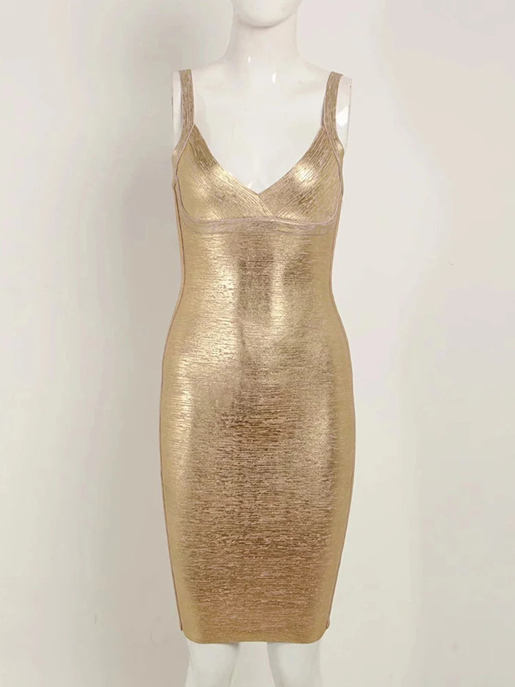Women's Gold Bandage Dress Bodycon Spaghetti Celebrity Runway Sexy Club Costume Party Summer 2026 New