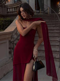 Brown Glitter Chiffon Tiered Maxi Dress Elegant One Shoulder Square Neck Flowy dresses 2026 Summer Formal Wedding  Party gowns