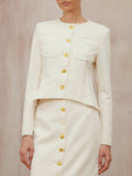 Minimalist Style Two Piece Set Female O Neck Long Sleeve Top with Button High Waist Split Bodycon Office Skirts Suit Female