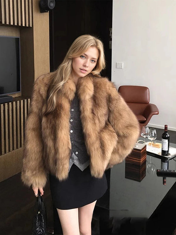 Winter Faux Fur Long Sleeves Short Coat Women Luxury Stand Collar Fluffy Furry Jacket Warm Elegant Lady Fashion Plush Coats 2026