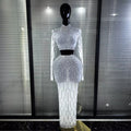Sparkly Rhinestones Women Long Sleeve Mesh See Through 2 Pieces Bodycon Long Dress Nightclub Party Birthday Celebrate Outfit