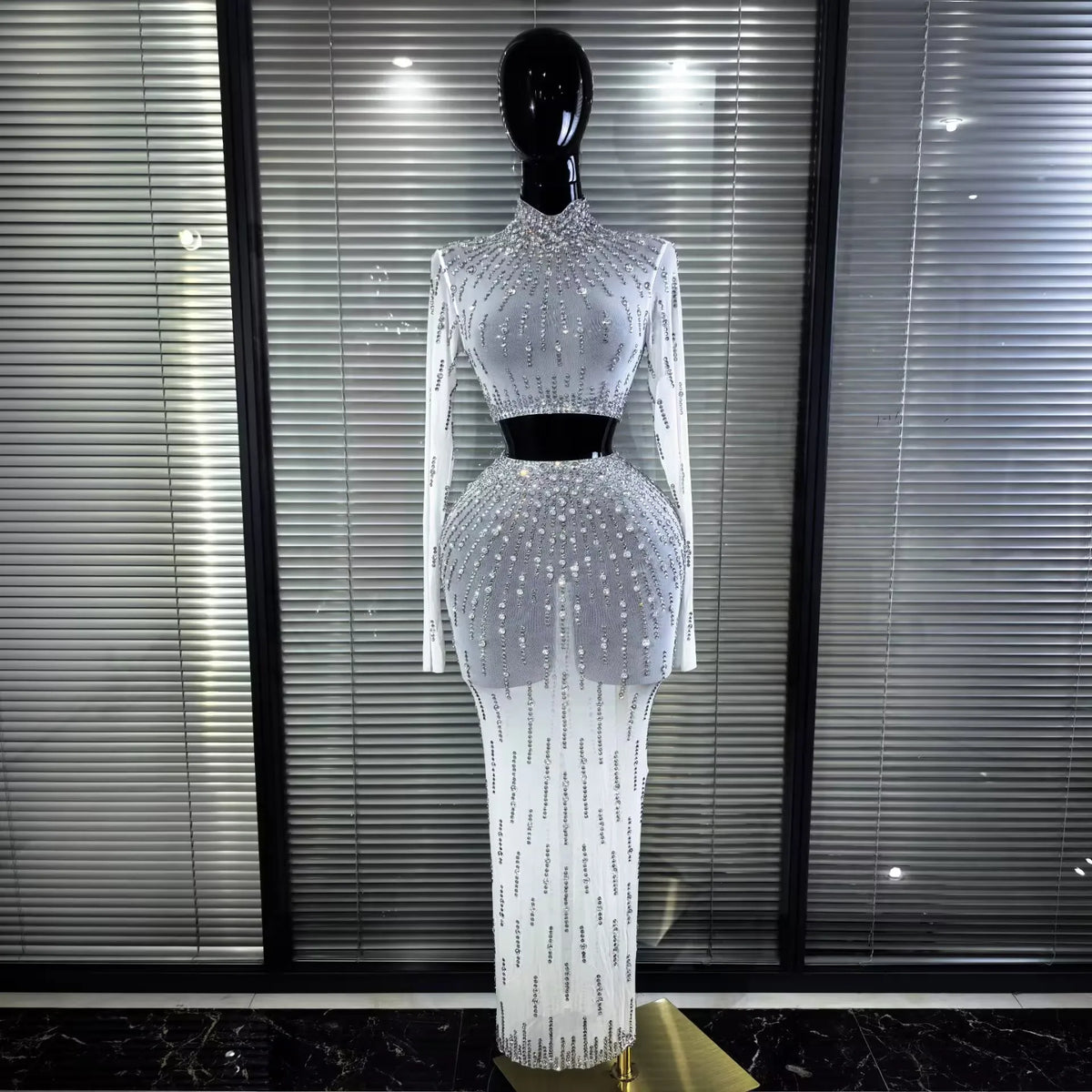Sparkly Rhinestones Women Long Sleeve Mesh See Through 2 Pieces Bodycon Long Dress Nightclub Party Birthday Celebrate Outfit