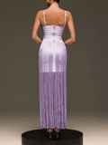 Fashion Sweetheart Spaghetti Strap Maxi Dress for Women Solid Fringe Floor Length Bodycon Back Zipper for Evening Party Club
