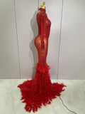 New Sexy Sparkling Red Crystals Feathers Long Sleeve Mermaid Maxi Dress Women Wedding Celebrate Luxury Birthday Party Prom Gown